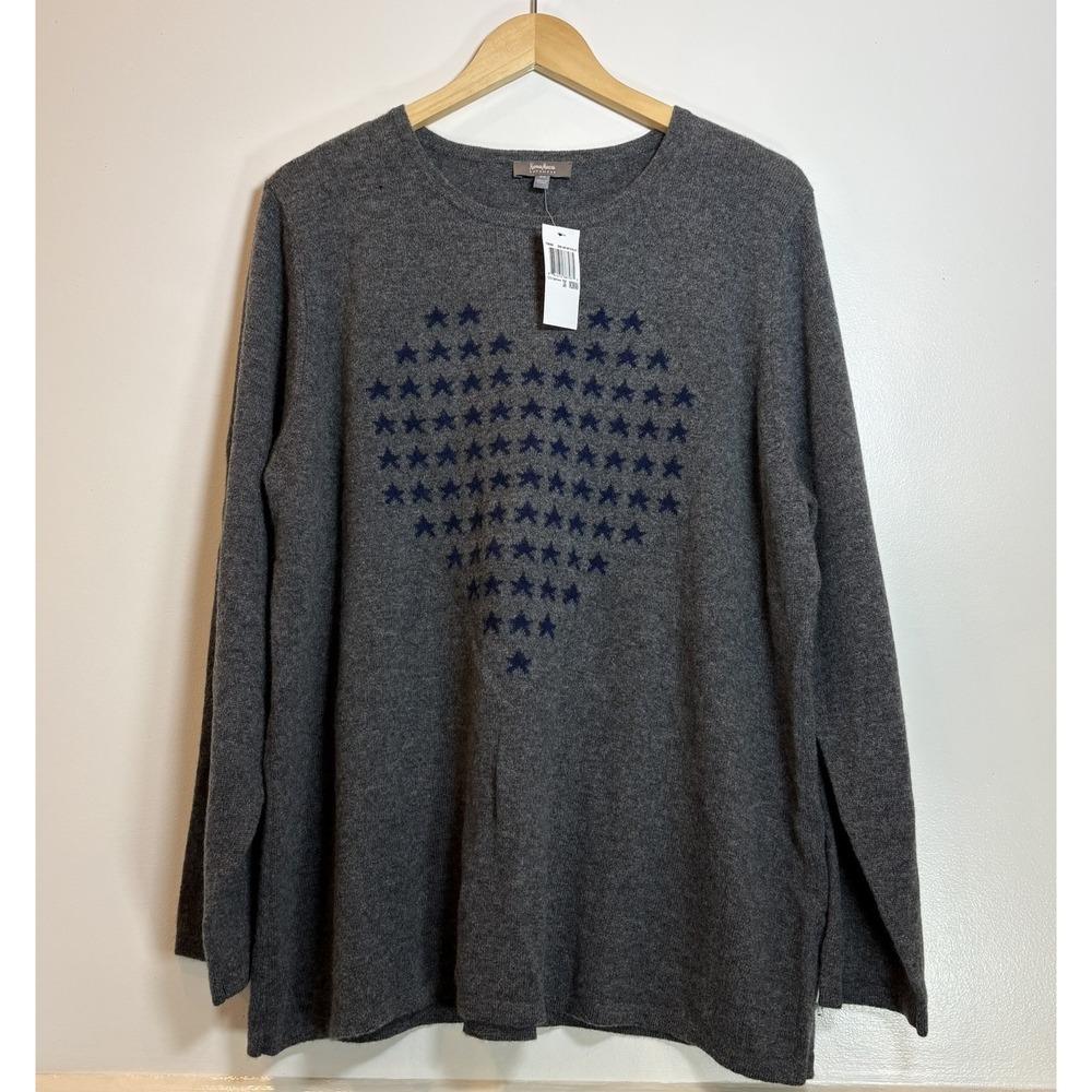 NWT Neiman Marcus 100% Cashmere Star Heart Sweater Grey Blue 3X Casual Comfort